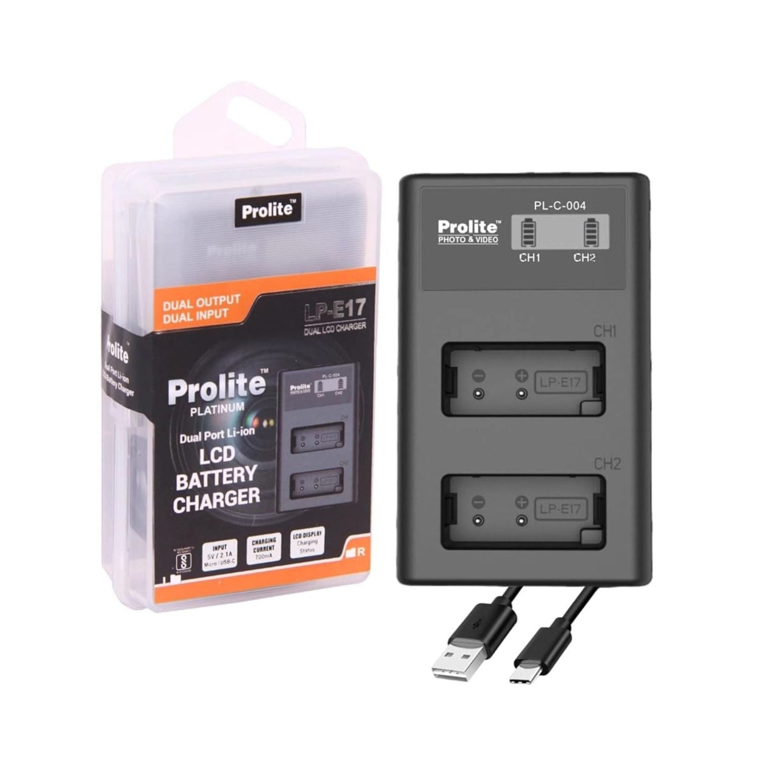 Prolite Dual-LCD Ladegerรคt fรผr LPโE17-Akku, zwei Slots CH1/CH2, inkl. USB-Kabel